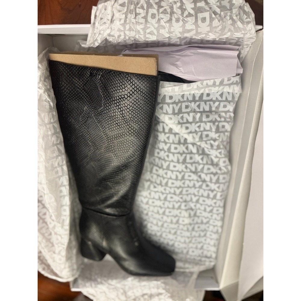 DKNY Cana Wide Calf Black Snake Embossed Knee High Boots Block Heel Size 8 NIB